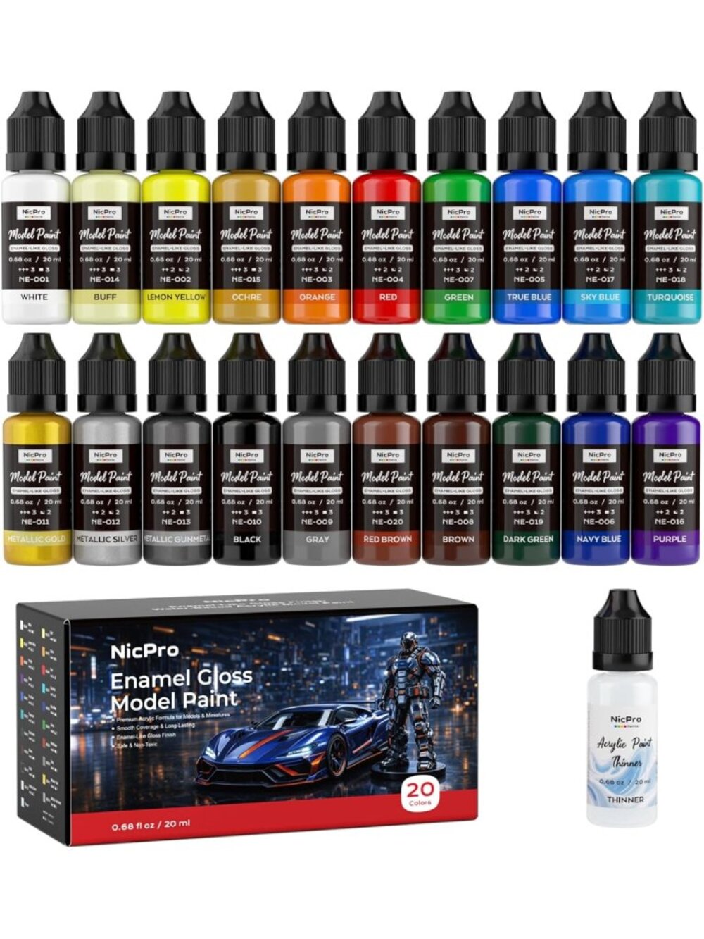 20 Colors Model Paint Set - Gloss Finish, Ready to Use, Enamel-Like Quality